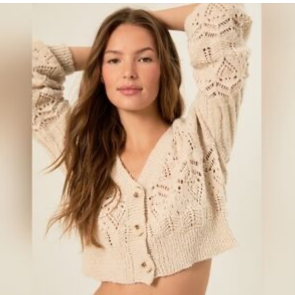 NWT Altar’d State Lacey Cropped Button Down Soft Fuzzy Taupe Cardigan Sweater - Picture 2 of 5